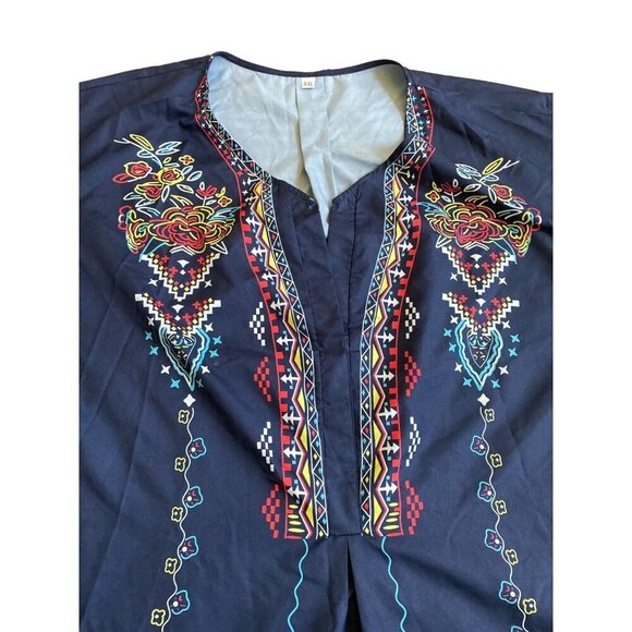 Embroidered Floral Navy Blue Mexican Blouse XXL Cotton V-Neck Short Sleeve - Picture 2 of 4